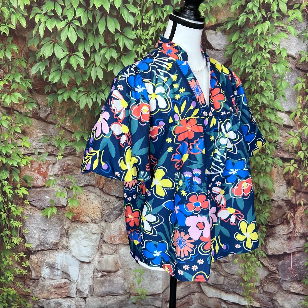 THML Bright Blue Botanical Print Puff Sleeve Resortwear Blouse, S - Picture 8 of 11